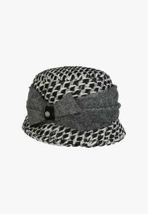 Black and white woven bucket hat with a thick gray felt band and bow accent featuring a small round metal button.