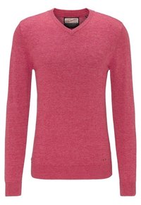 Pull rouge à col en V fabriqué en tissu maille doux, avec manches longues et poignets et ourlet côtelés. Comprend un détail logo près du bas.