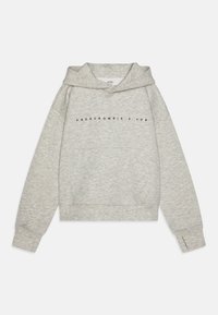 Grå sweatshirt med huva, kortad design, framficka i kaninform och "ABERCROMBIE X YPB" tryckt i svart över bröstet.