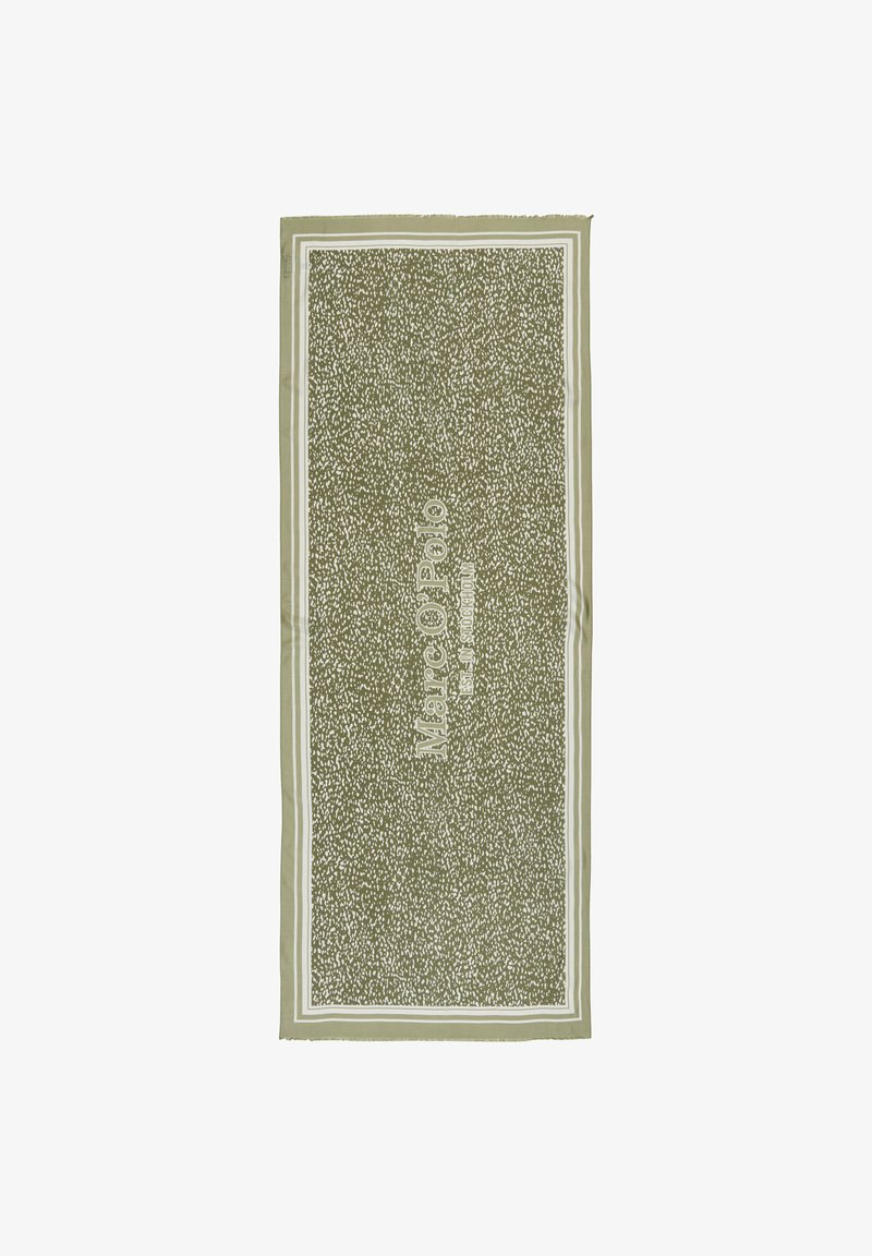 Green patterned scarf with a textured surface, featuring white accents and "Marc O'Polo" in bold lettering along the center. Rectangular shape.