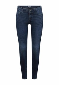 Vaqueros ajustados azul oscuro hechos de denim con una textura suave, que cuentan con cierre frontal de botones, trabillas para cinturón y el clásico diseño de cinco bolsillos.