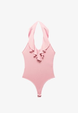 Vaaleanpunainen yksiöinen uimapuku, jossa on naruolkaimet, rypistyksellinen etuosa ja sileä, joustava kangas. Takana on leikkauksella varustettu muoto.