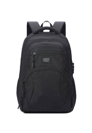 Sac à dos noir en tissu résistant, doté de bretelles rembourrées, de plusieurs compartiments zippés et d'une poignée de transport supérieure.