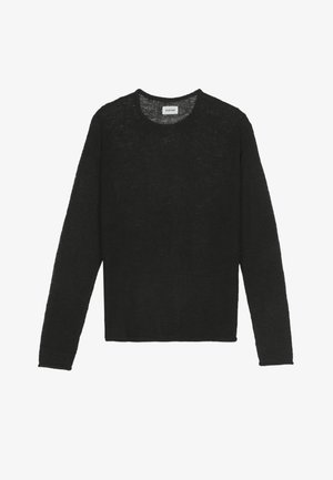 Black knit sweater with long sleeves, round neckline, and a loose fit. Textured fabric with subtle variations in thickness throughout.