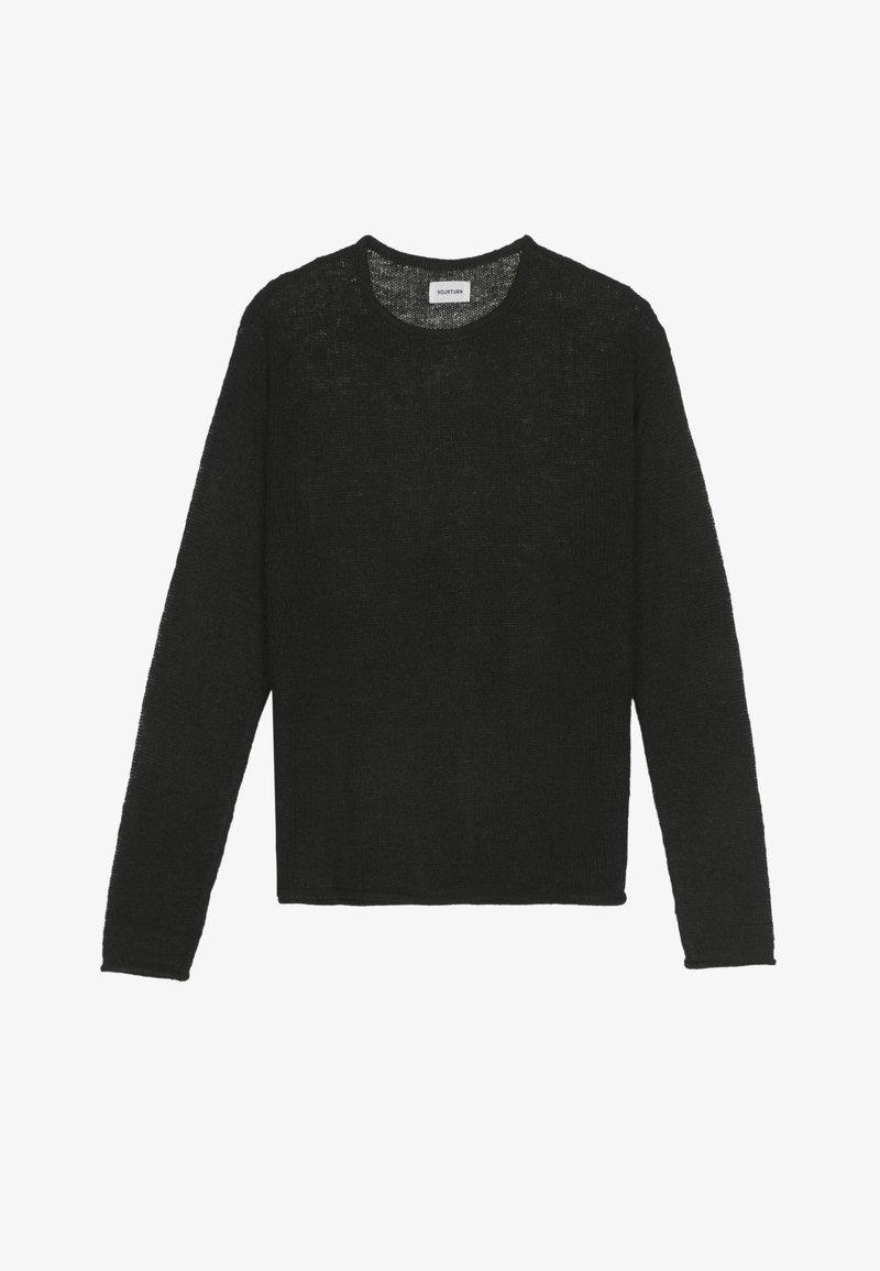 Black knit sweater with long sleeves, round neckline, and a loose fit. Textured fabric with subtle variations in thickness throughout.