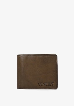 Braune Lederbrieftasche mit glatter Textur, mit dem "VENEZIA"-Logo, das auf der unteren Vorderseite geprägt ist. Rechteckiges Design mit abgerundeten Kanten.