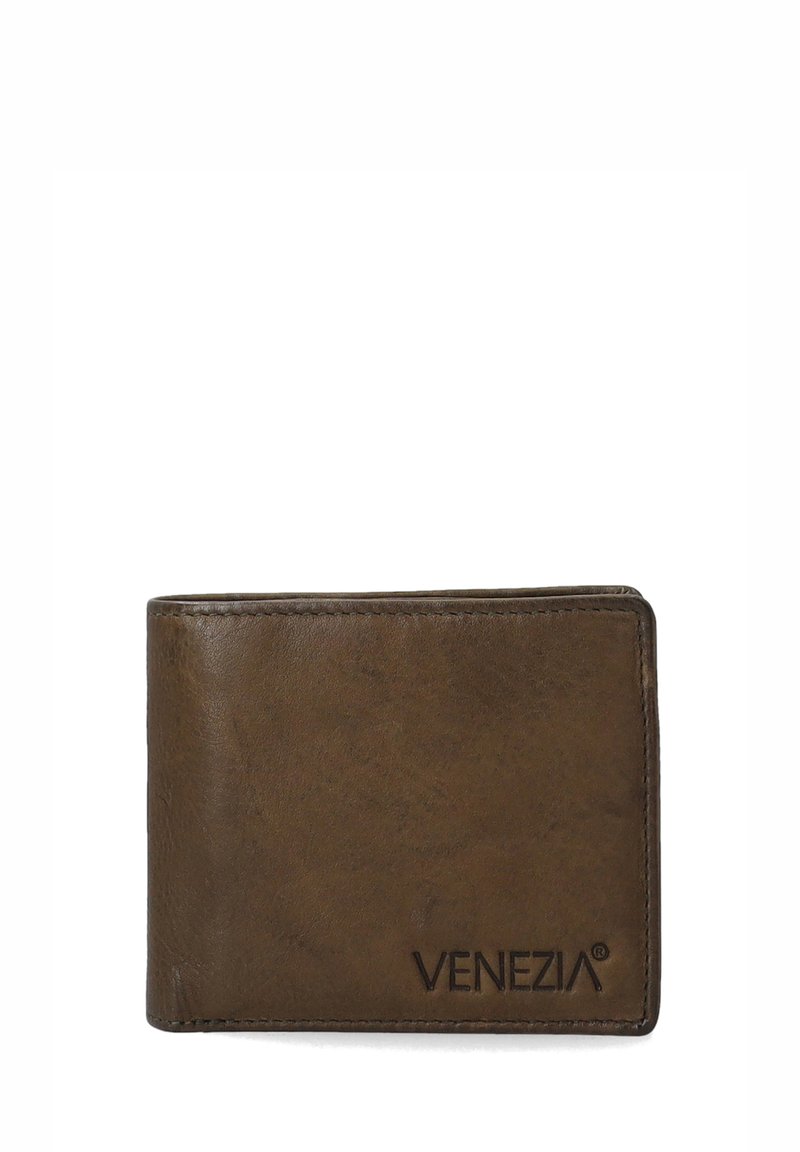 Brown leather wallet with a smooth texture, featuring the "VENEZIA" logo embossed on the lower front. Rectangular design with rounded edges.