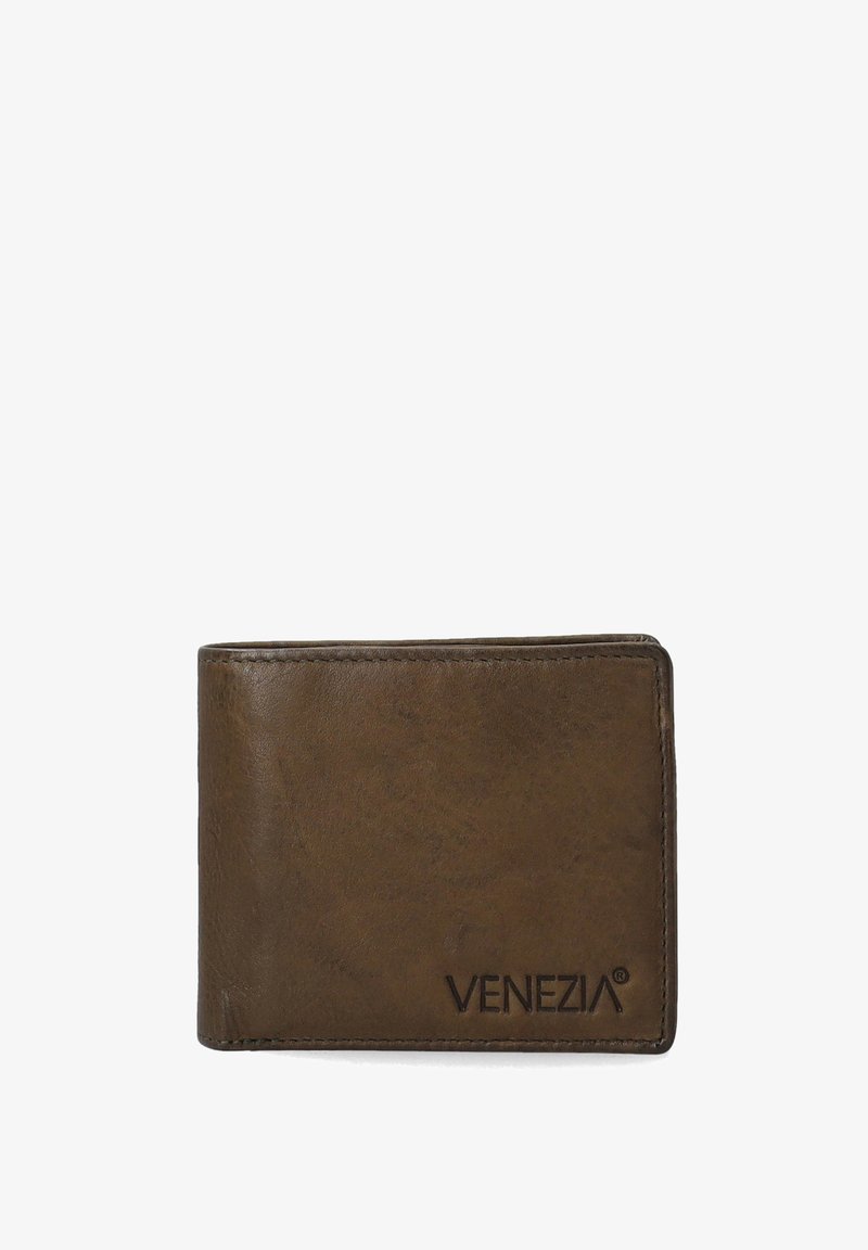 Brown leather wallet with a smooth texture, featuring the "VENEZIA" logo embossed on the lower front. Rectangular design with rounded edges.