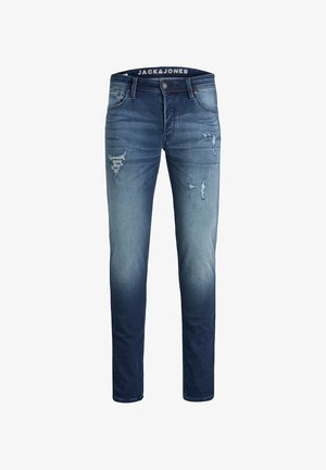 Slimfit blauwe herenjeans met versleten details en vervaging, voorzien van voorzakken, riemlussen en een knoopsluiting.