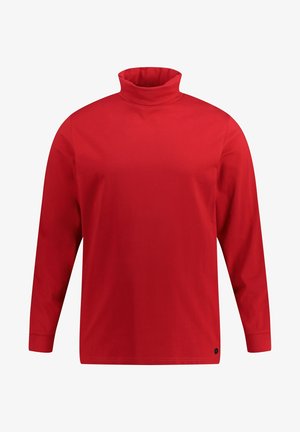 Red long-sleeve turtleneck top made of smooth fabric featuring a high collar and simple design, with no visible patterns or accents.