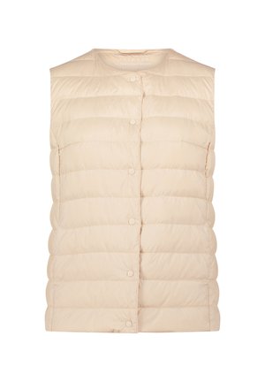 Gilet matelassé sans manches beige avec fermeture à boutons-pression et encolure ronde, conçu pour une utilisation extérieure légère.