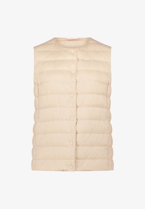 Beżowa pikowana kamizelka bez rękawów z zapięciem na napy i okrągłym dekoltem, zaprojektowana jako lekka odzież na zewnątrz.