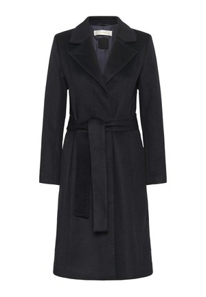 Black wool blend coat with a lapel collar, long sleeves, and a tie belt at the waist. Smooth texture and knee-length design.