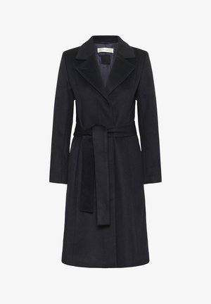 Cappotto in misto lana nero con colletto a rever, maniche lunghe e cintura da annodare in vita. Tessuto liscio e design lungo fino al ginocchio.