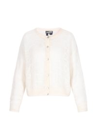 Cardigan bianco lavorato a maglia con scollo rotondo, chiusura a sei bottoni, maniche lunghe e un tessuto morbido e texturesato. I bottoni sono trasparenti.
