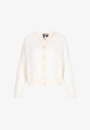 Bijela pletena kardigan s okruglim izrezom, zatvaranjem na šest gumba, dugim rukavima i mekanim, teksturiranim materijalom. Gumbi su prozirni.