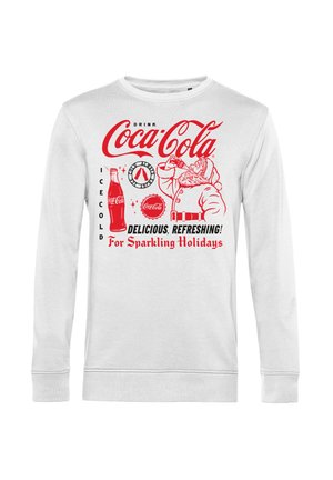 Weißes Langarmshirt mit einem roten Coca-Cola-Graphic, darunter ein Santa, der eine Flasche hält, und dem Text: "Lecker, Erfrischend! Für Sprudelnde Feiertage."