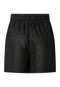 Svarta högmidjade shorts med elastisk midja och subtil glittrande silvertextur, visade mot en vit bakgrund.