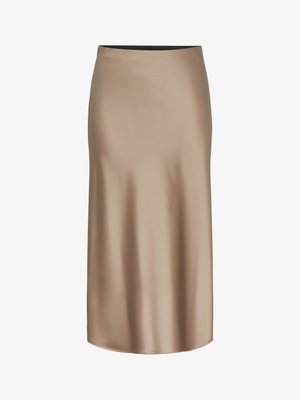 Brown satin midi skirt with a smooth texture, a straight silhouette, and an elastic waistband for comfort. No visible patterns or accents.