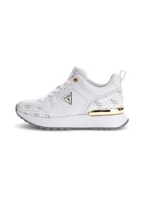 Zapatilla blanca con un patrón texturizado, lengüeta acolchada, acentos dorados y suela gris. Presenta un logo en el lateral y detalles decorativos.