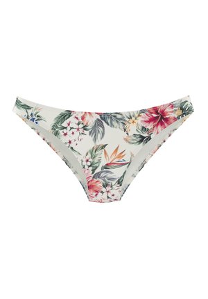 Blumen-Bikini-Unterteil in Creme, mit lebhaften rosa und grünen tropischen Mustern. Weicher Stoff mit moderater Bedeckung und elastischem Bund.