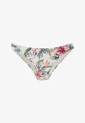 Blumen-Bikini-Unterteil in Creme, mit lebhaften rosa und grünen tropischen Mustern. Weicher Stoff mit moderater Bedeckung und elastischem Bund.