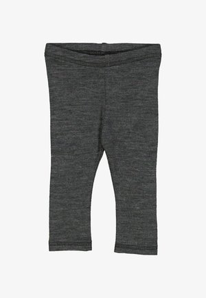 Gray leggings made of soft, stretchy fabric with an elastic waistband, featuring narrow ankle openings and flatlock seams.