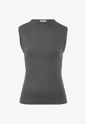 Ärmelloses Oberteil in Dunkelgrau, geripptem Design, mit hohem Kragen, körperbetonter Form und glatter Oberfläche. Keine auffälligen Akzente oder Muster.