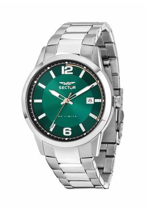 Orologio da polso da uomo in acciaio inox con quadrante verde, indici bianchi, finestra della data e tre lancette che segnano le 10:10:36.