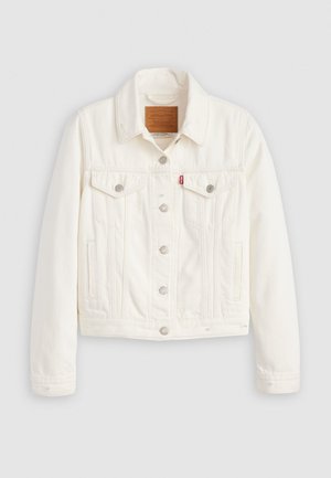 Giacca in denim bianco con colletto classico, chiusura frontale con bottoni, due tasche sul petto e dettagli in metallo argentato. Finissaggio in tessuto morbido e testurizzato.
