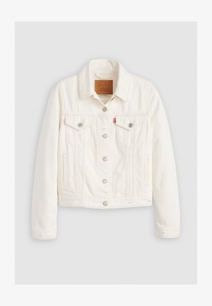 Giacca in denim bianco con colletto classico, chiusura frontale con bottoni, due tasche sul petto e dettagli in metallo argentato. Finissaggio in tessuto morbido e testurizzato.