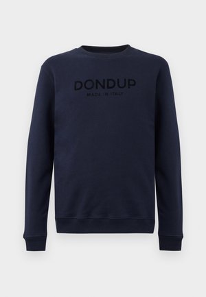 Navy blue sweatshirt made of soft material, featuring a crew neck and ribbed cuffs. Centered black embroidered text: "DON DUP MADE IN ITALY."