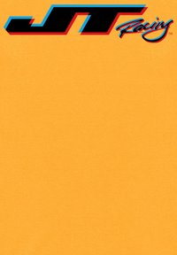 Černé a červené logo s modrými akcenty nese nápis "JT Racing" na jasně oranžovém pozadí s hladkou, matnou texturou.