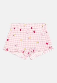 Ružové šortky s gingham vzorom a ovocnými motívmi, so strečovým pásom a volánikmi na leme. Vyrobené z mäkkej tkaniny pre pohodlie.