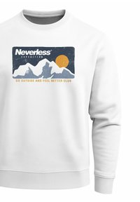 White sweatshirt featuring a graphic print of mountains, a sun, and text in blue and orange reading "Neverless Expedition."