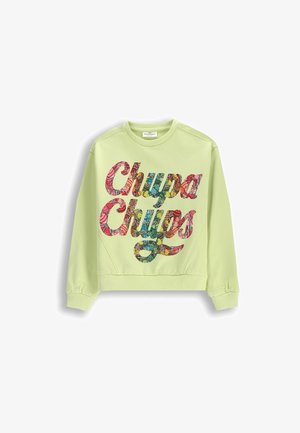Zielony sweatshirt z okrągłym dekoltem i długimi rękawami. Posiada kolorową grafikę "Chupa Chups" w słodki wzór na przedzie.