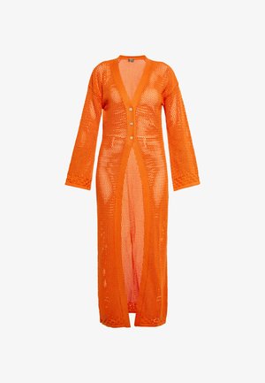 Hosszú narancssárga kötött kardigán, V nyakkivágással, hosszú ujjal és gombos záródással, nyitott elülettel és texturált hálós kialakítással.