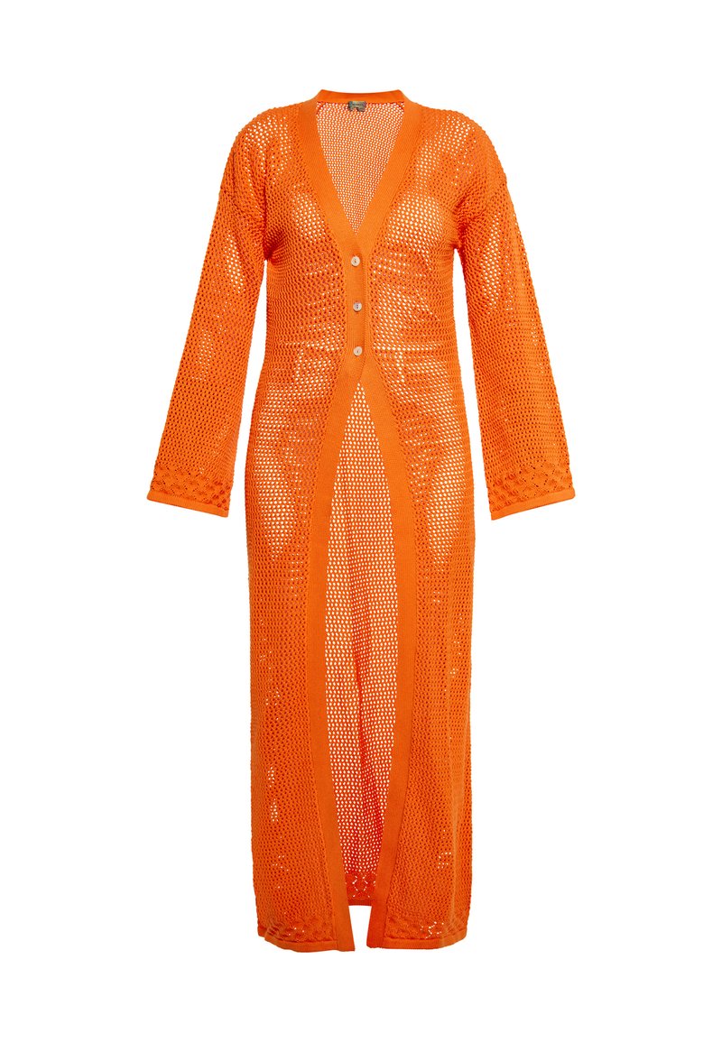 Lång orange stickad kappa med v-ringning, långa ärmar och knäppning fram med öppen front och texturerad nätdesign.