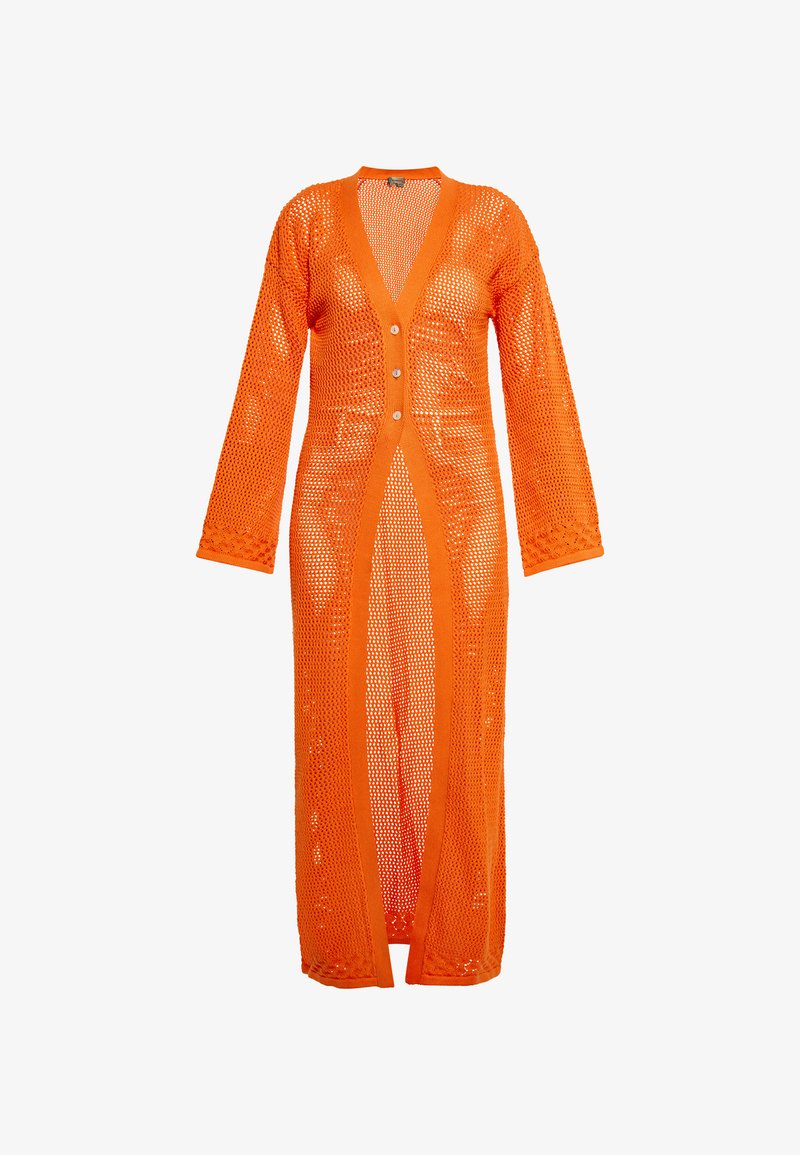 Hosszú narancssárga kötött kardigán, V nyakkivágással, hosszú ujjal és gombos záródással, nyitott elülettel és texturált hálós kialakítással.