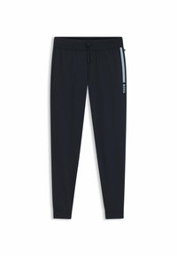 Navy joggers gemaakt van zacht materiaal, met een elastische tailleband met een trekkoord en lichtblauwe zijsstrips met het "BOSS" logo.