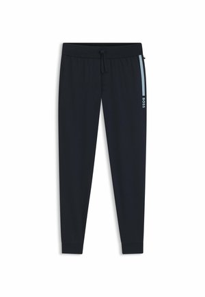 Navy sweatpants made from soft material, featuring an elastic waistband with a drawstring and light blue side stripes with "BOSS" logo.