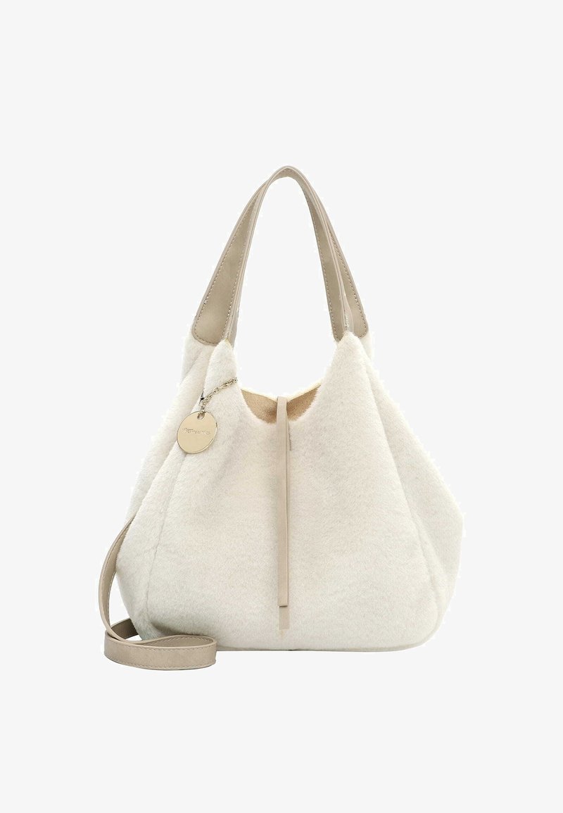Borsa in tessuto bianco peloso con manici e tracolla in pelle beige, dotata di un'etichetta in metallo argentato e un design semplice e arrotondato.