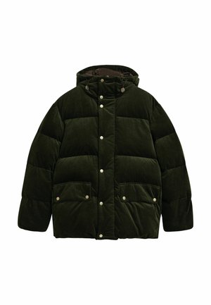 Doudoune en velours côtelé vert foncé avec une capuche, fermeture à boutons-pression, deux poches avant et un design matelassé.
