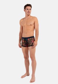 Bunte gemusterte Badehose mit schwarzem Hintergrund, die tropische Designs in Rot und Grün zeigt, und einem kontrastierenden marineblauen Bund.