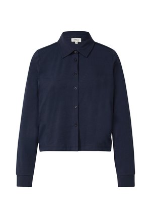 Camicetta corta a maniche lunghe blu navy con colletto appuntito e chiusura frontale con bottoni, mostrata su sfondo bianco.