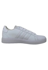 White sneakers with synthetic upper, five eyelets, and three side stripes. Flat sole with textured rubber, featuring a reinforced toe cap.