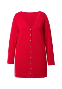 Cardigan rosso con maniche lunghe, scollatura a V e bottoni argentati lungo il davanti. Realizzato in tessuto leggero con una texture liscia.