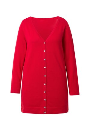Cárdigan rojo con mangas largas, escote en V y botones plateados en la parte delantera. Fabricado en tejido ligero con una textura suave.
