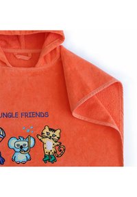 Orange hooded children's towel with embroidered cartoon jungle animals and "Jungle Friends" text.