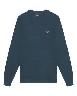 Marineblauer Sweatshirt mit Rundhalsausschnitt aus weichem Material, mit langen Ärmeln und einem kleinen gelben Adlerlogo auf der Brust.